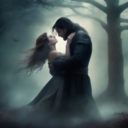 A dark fantasy book cover featuring a woman floating in the air and a man kissing her