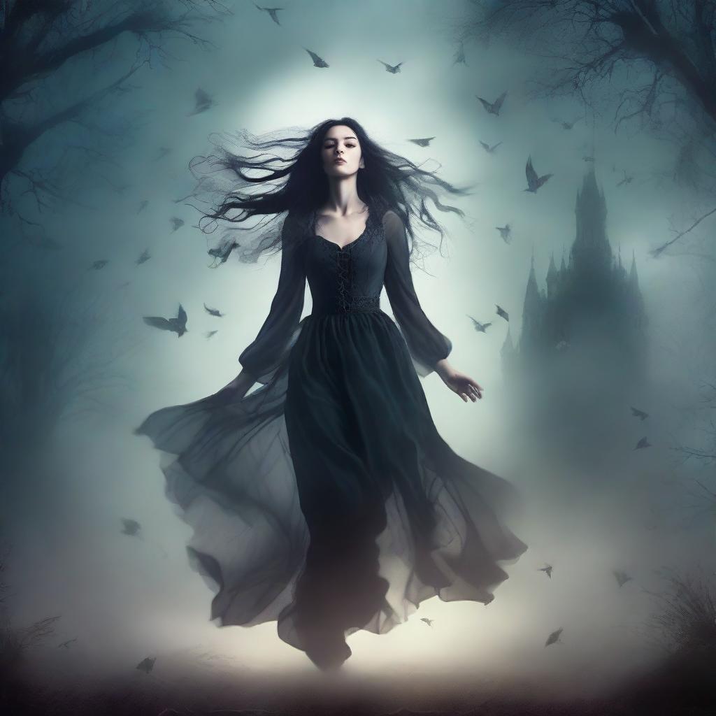 A dark fantasy book cover featuring a woman floating in the air above the ground