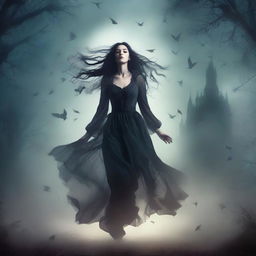 A dark fantasy book cover featuring a woman floating in the air above the ground