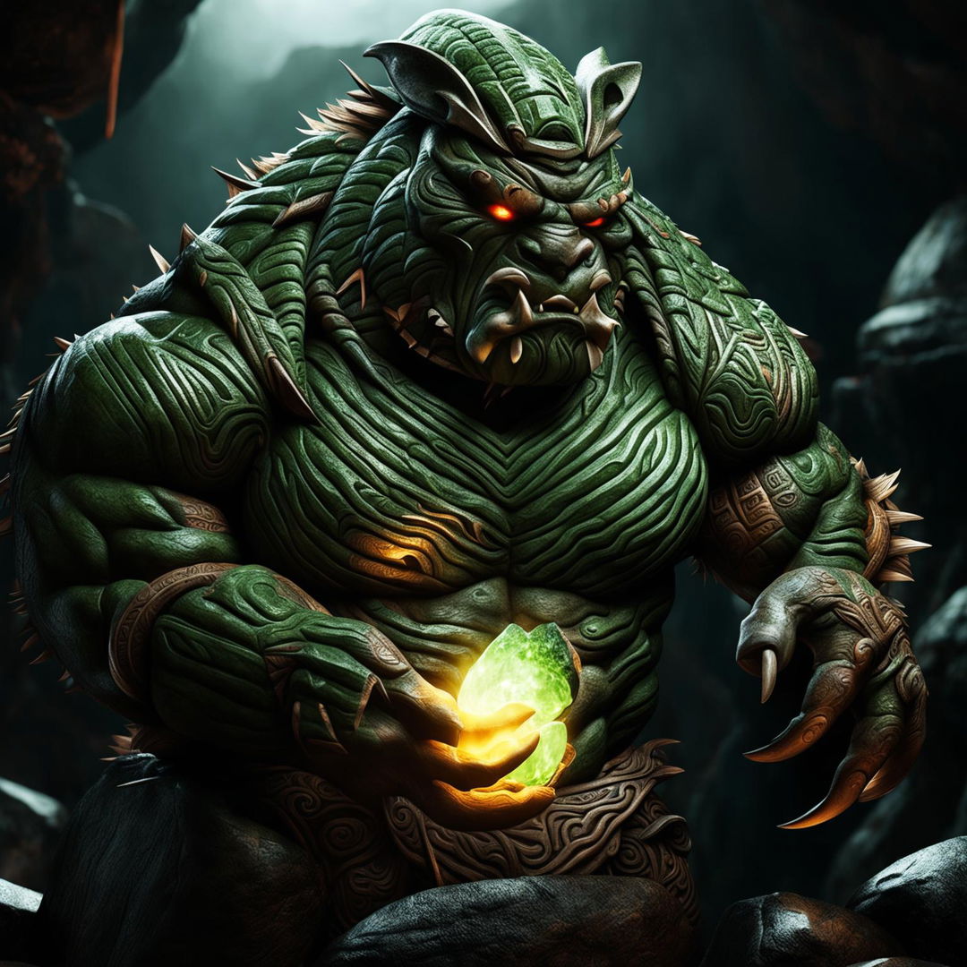 A computer illustrated taniwha with a fierce yet protective expression, holding a glowing greenstone (pounamu), with dramatic lighting and traditional Maori art patterns