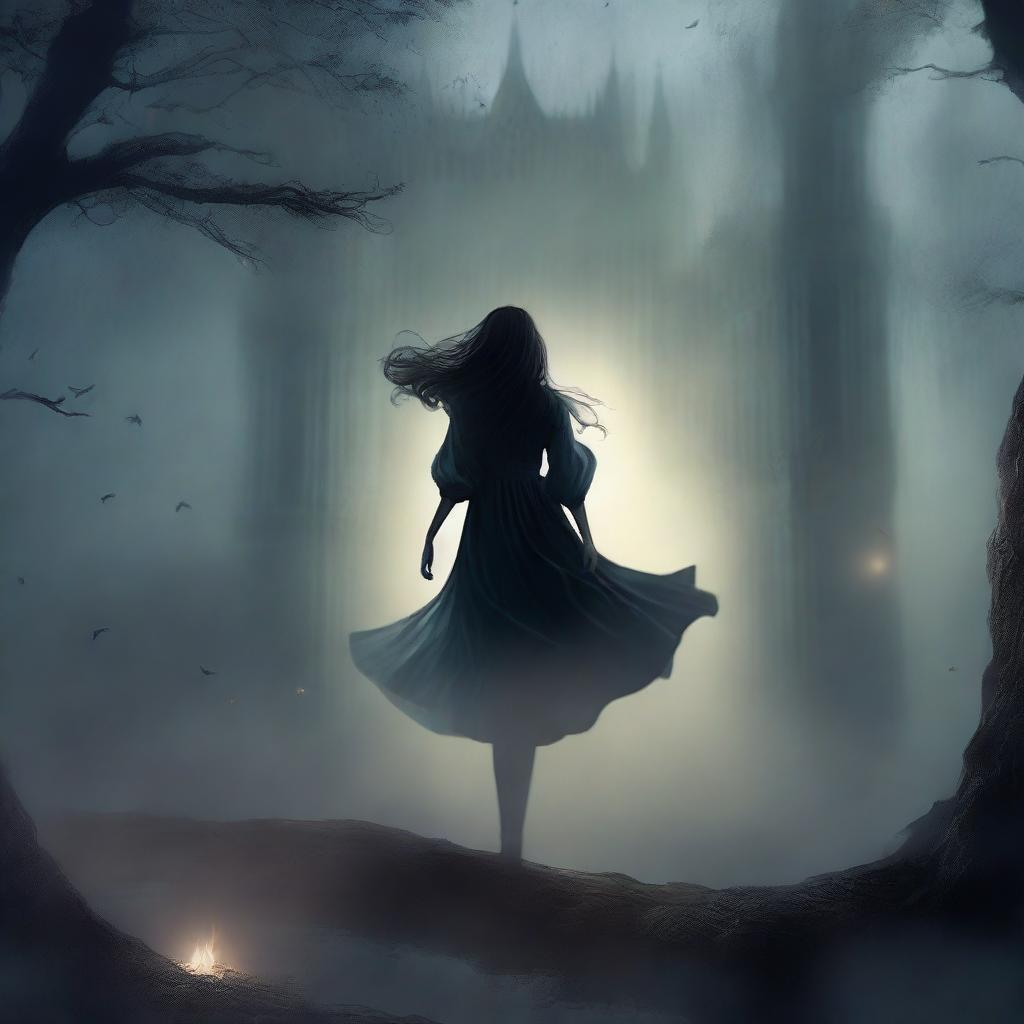 A dark fantasy animated book cover featuring a woman floating in the air above the ground