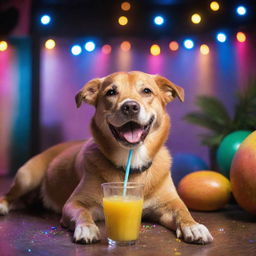 A playful dog joyfully sipping mango juice from a straw, surrounded by vibrant disco lights and a lively party atmosphere.