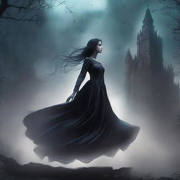 A dark fantasy animated book cover featuring a woman floating in the air above the ground