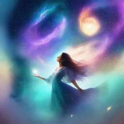 Create an animated fantasy book cover featuring a woman floating in the air with magic swirling all around her