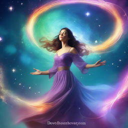 Create an animated fantasy book cover featuring a woman floating in the air with magic swirling all around her