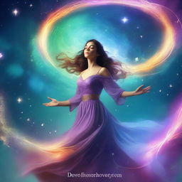 Create an animated fantasy book cover featuring a woman floating in the air with magic swirling all around her