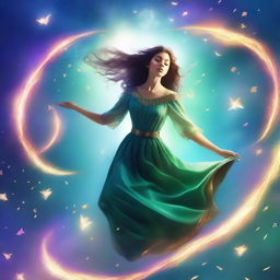 Create an animated fantasy book cover featuring a woman floating in the air with magic swirling all around her