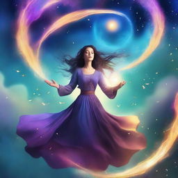 Create an animated fantasy book cover featuring a woman floating in the air with magic swirling all around her