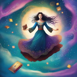 A digital illustration of a fantasy book cover featuring a woman floating in the air with magic swirling all around her