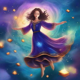 A digital illustration of a fantasy book cover featuring a woman floating in the air with magic swirling all around her