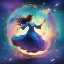 A digital illustration of a fantasy book cover featuring a woman floating in the air with magic swirling all around her