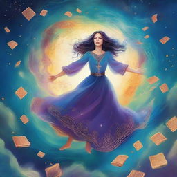 A digital illustration of a fantasy book cover featuring a woman floating in the air with magic swirling all around her