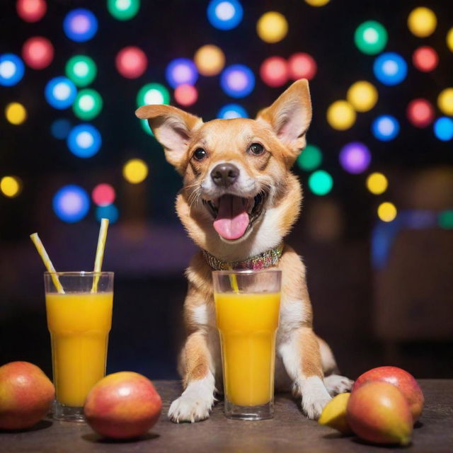 A playful dog joyfully sipping mango juice from a straw, surrounded by vibrant disco lights and a lively party atmosphere.