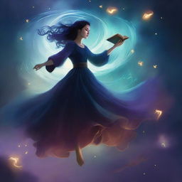 A digital illustration of a fantasy book cover featuring a woman floating in the air with magic swirling all around her