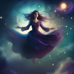 A digital illustration of a fantasy book cover featuring a woman floating in the air with magic swirling all around her