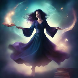 A digital illustration of a fantasy book cover featuring a woman floating in the air with magic swirling all around her