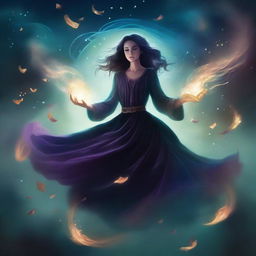 A digital illustration of a fantasy book cover featuring a woman floating in the air with magic swirling all around her