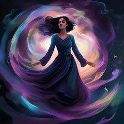 A digital illustration in acrylic style featuring a woman floating in the air with magic swirling all around her