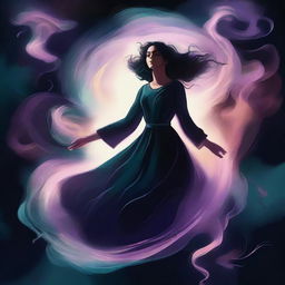 A digital illustration in acrylic style featuring a woman floating in the air with magic swirling all around her