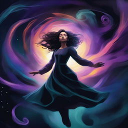 A digital illustration in acrylic style featuring a woman floating in the air with magic swirling all around her