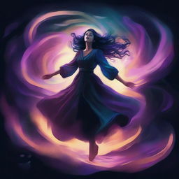 A digital illustration in acrylic style featuring a woman floating in the air with magic swirling all around her