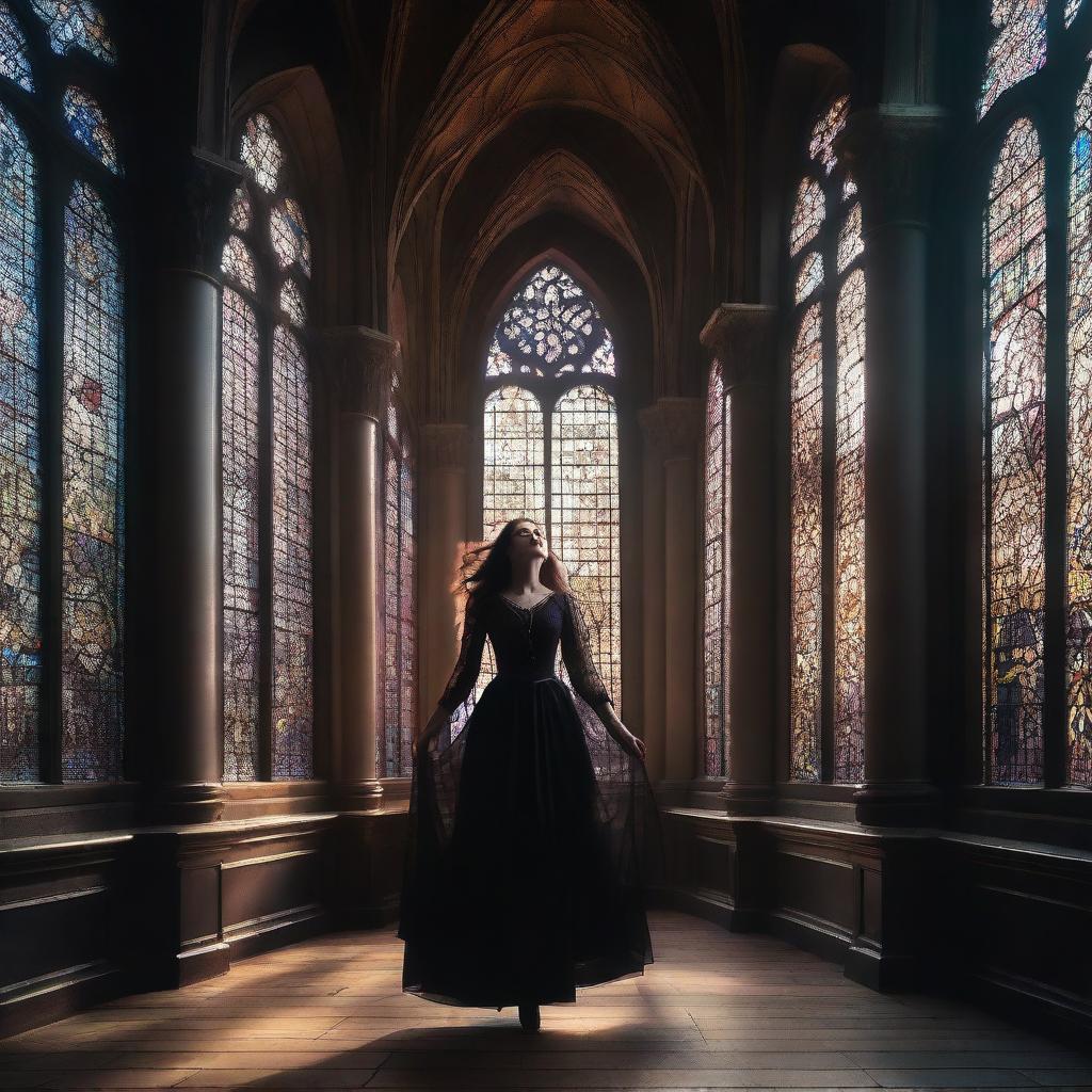 A magical woman floating in the air inside a gothic building