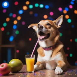 A playful dog joyfully sipping mango juice from a straw, surrounded by vibrant disco lights and a lively party atmosphere.