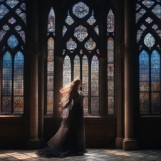 A magical woman floating in the air inside a gothic building