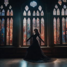 A magical woman floating in the air inside a gothic building