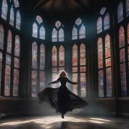 A magical woman floating in the air inside a gothic building