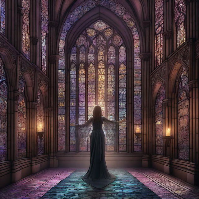 A magical digital illustration of a woman floating in the air inside a gothic building