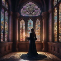 A magical digital illustration of a woman floating in the air inside a gothic building