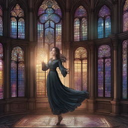 A magical digital illustration of a woman floating in the air inside a gothic building