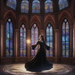 A magical digital illustration of a woman floating in the air inside a gothic building