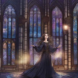 A magical digital illustration of a woman floating in the air inside a gothic building