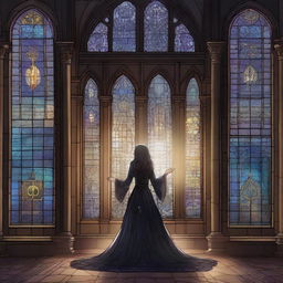 A magical digital illustration of a woman floating in the air inside a gothic building