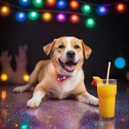 A playful dog joyfully sipping mango juice from a straw, surrounded by vibrant disco lights and a lively party atmosphere.