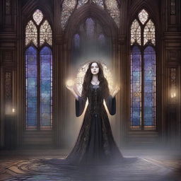 A magical digital illustration of a woman floating in the air inside a gothic building