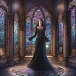 A magical digital illustration of a woman floating in the air inside a gothic building