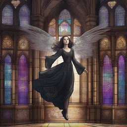 A magical digital illustration of a woman flying in the air inside a gothic building