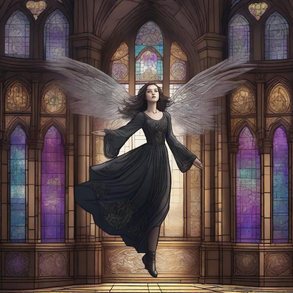 A magical digital illustration of a woman flying in the air inside a gothic building