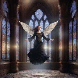 A magical digital illustration of a woman flying in the air inside a gothic building