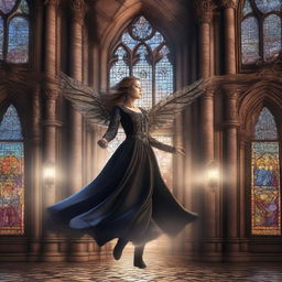 A magical digital illustration of a woman flying in the air inside a gothic building