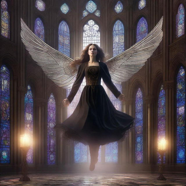 A magical digital illustration of a woman flying in the air inside a gothic building