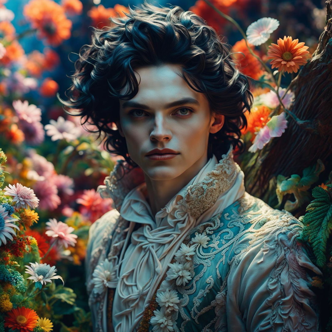 Hyper-realistic 3D photograph of an androgynous Russian man in Rococo attire in a vibrant mystical forest with a flower aesthetic and ultra-high resolution textures.