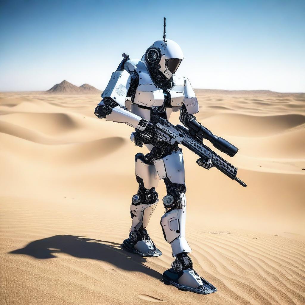 A robot sniper on tracks standing in the desert