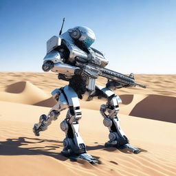 A robot sniper on tracks standing in the desert