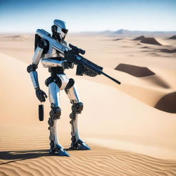 A robot sniper on tracks standing in the desert