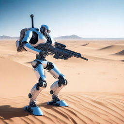 A robot sniper on tracks standing in the desert