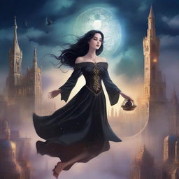 A magical digital illustration of a woman floating in the sky above a gothic city